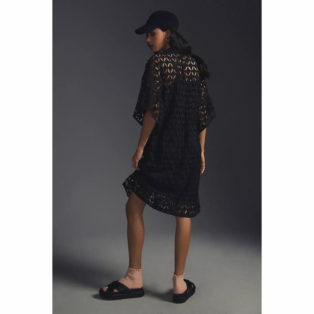 Anthropologie Eva Franco Black Cutwork Shirt Dress with Pockets and Bell Sleeves - Picture 2 of 4